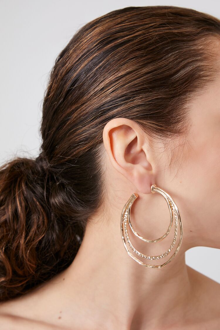 Forever 21 Women's Hammered Multi-Hoop Earrings Gold