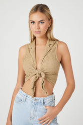 Forever 21 Women's Textured Tie-Front Crop Top Taupe