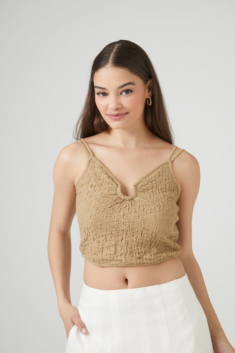 Forever 21 Women's Crinkled O-Ring Cropped Cami Taupe