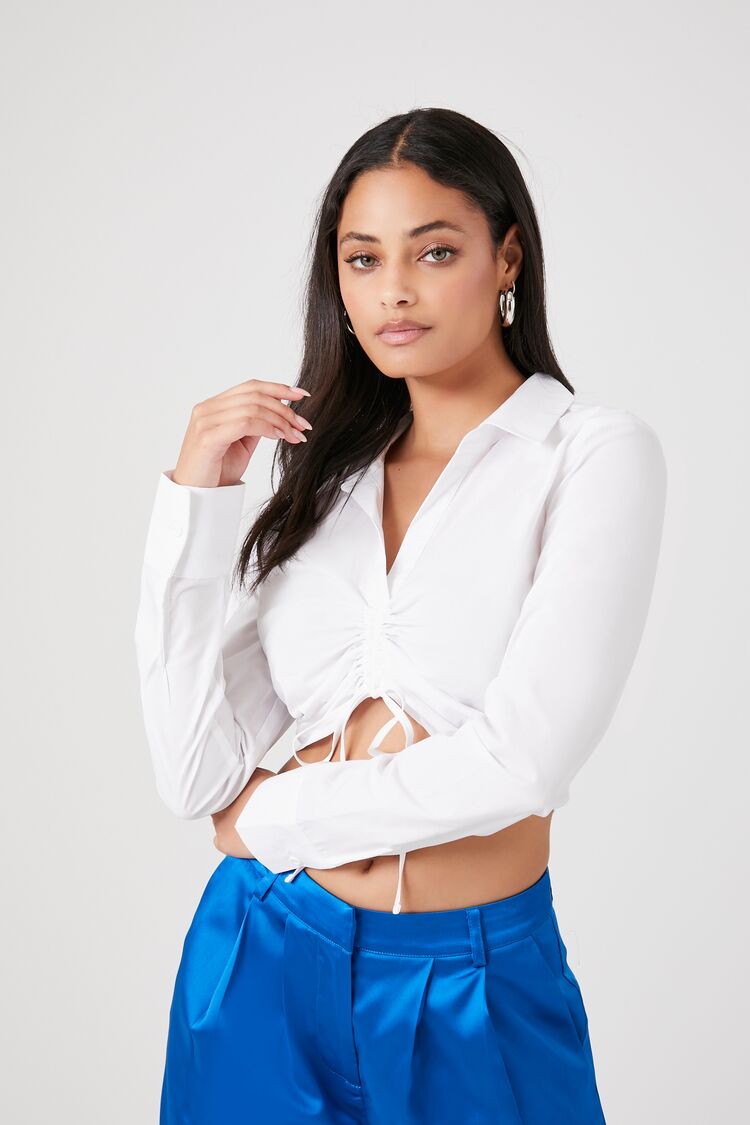 Forever 21 Women's Ruched Drawstring Cropped Shirt White