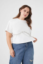 Forever 21 Plus Women's Rhinestone-Trim Cropped T-Shirt White