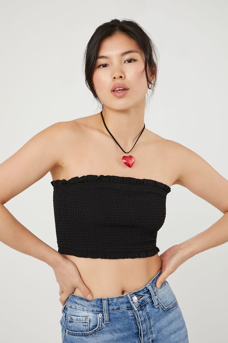 Forever 21 Women's Smocked Tube Crop Top Black