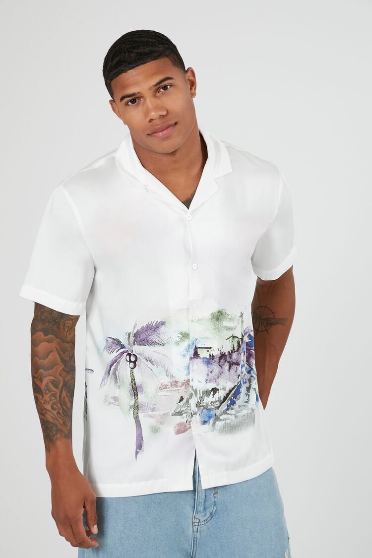 Forever 21 Men's Abstract Palm Tree Graphic Shirt White/Multi