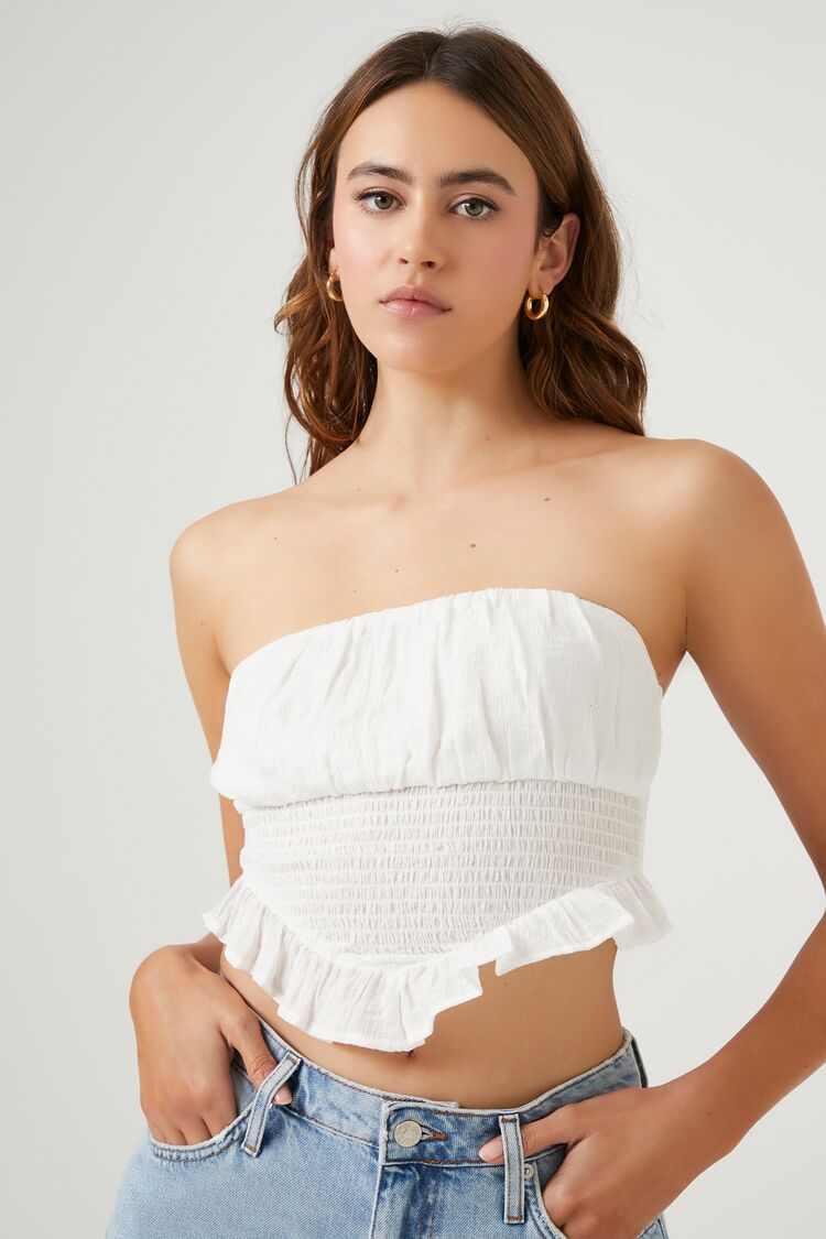 Forever 21 Women's Smocked Ruffle-Trim Tube Top White