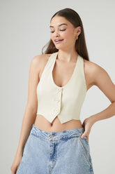 Forever 21 Women's Button-Front Halter Crop Top Sandshell