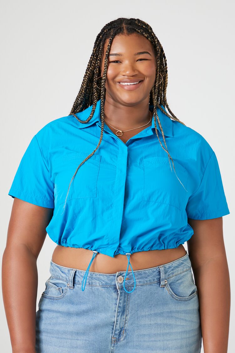 Forever 21 Plus Women's Toggle Drawstring Cropped Shirt Ibiza Blue