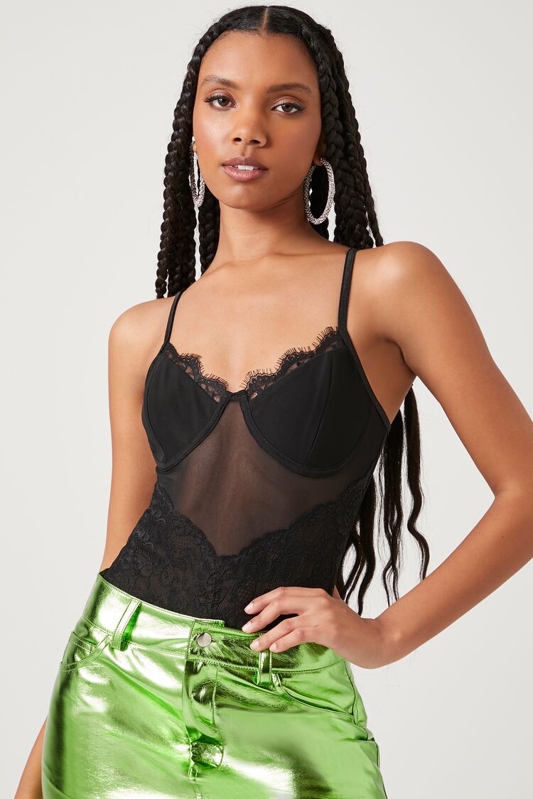 Forever 21 Women's Eyelash Lace Bustier Bodysuit Black