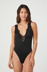 Forever 21 Women's Seamless Lace-Trim Lingerie Bodysuit Black