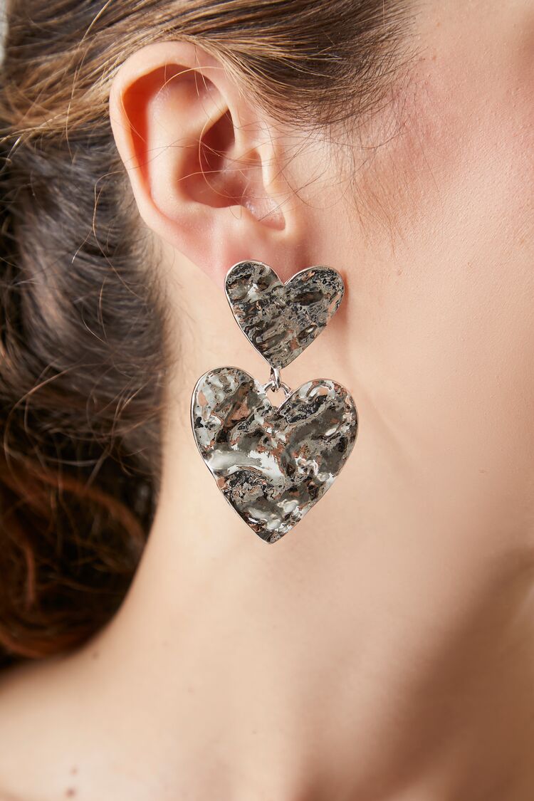 Forever 21 Women's Hammered Heart Statement Earrings Silver