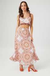 Forever 21 Women's Ornate Print Crop Top & Skirt Set Rust/Multi