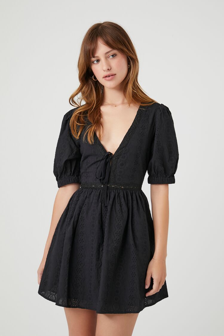 Forever 21 Women's Eyelet Puff-Sleeve Mini Dress Black