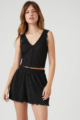 Forever 21 Women's Crinkled Lettuce-Edge Shorts Black