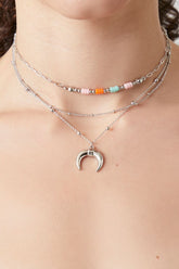 Forever 21 Women's Layered Beaded Crescent Necklace Silver/Multi