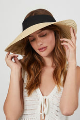 Forever 21 Women's Ribbon-Trim Straw Sun Visor Natural/Black