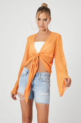 Forever 21 Women's Chiffon Bell-Sleeve Tie-Front Top Orange