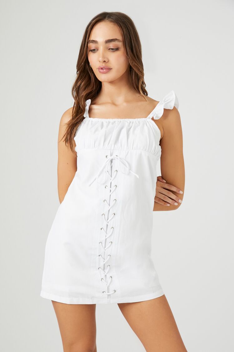 Forever 21 Women's Ruffle Lace-Up Babydoll Dress White