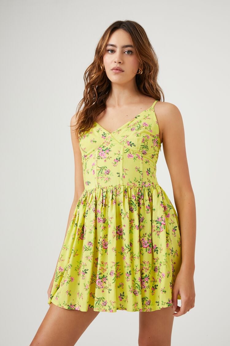 Forever 21 Women's Floral Print Corset Mini Spring/Summer Dress Yellow/Multi