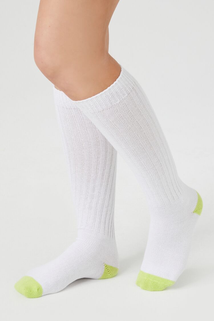 Forever 21 Women's Ribbed Colorblock Knee-High Socks White/Green
