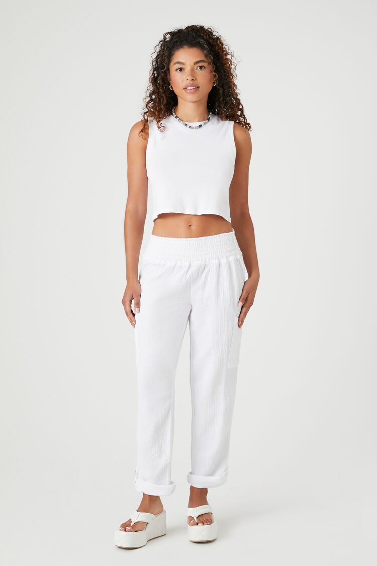 Forever 21 Women's Crepe Cuffed Wide-Leg Cargo Pants White