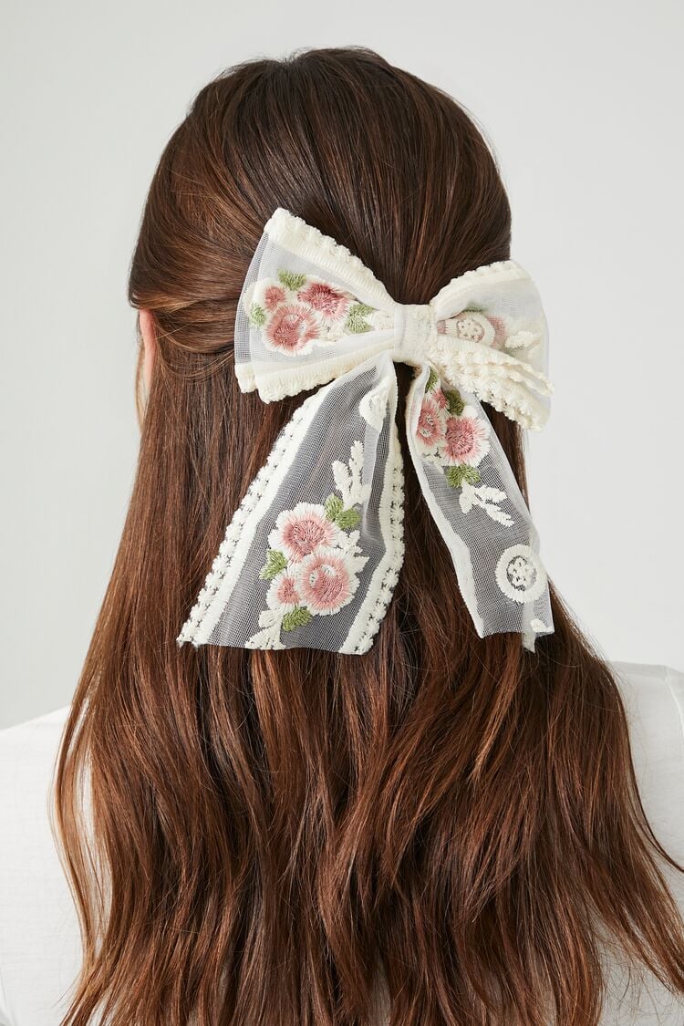 Forever 21 Women's Embroidered Flower Bow Hair Barrette Cream/Multi