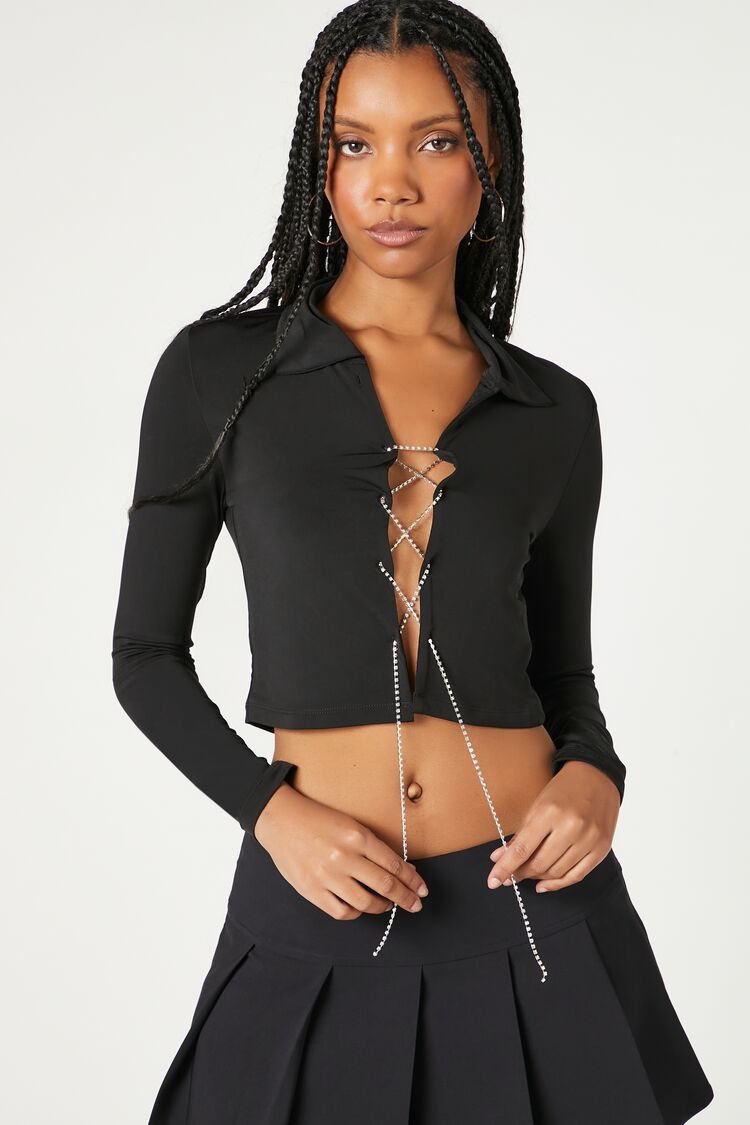 Forever 21 Women's Rhinestone Lace-Up Crop Top Black