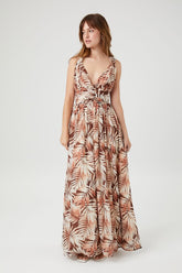 Forever 21 Women's Tropical Leaf Print Maxi Long Dress Brown/Multi