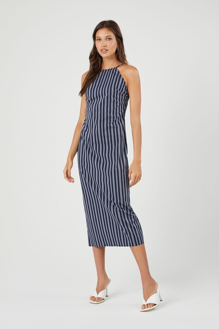 Forever 21 Women's Striped Poplin Midi Spring/Summer Dress Navy/Multi