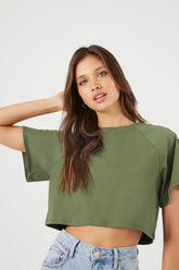 Forever 21 Women's Button-Sleeve Cropped T-Shirt Olive