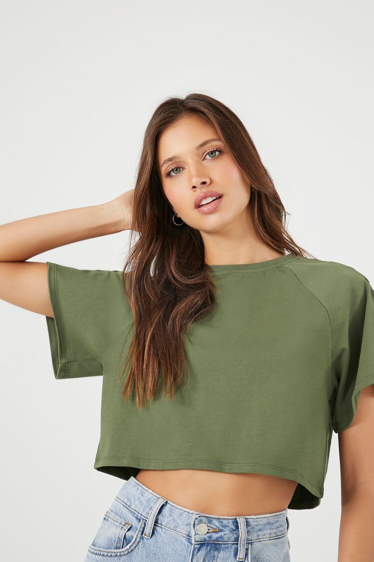 Forever 21 Women's Button-Sleeve Cropped T-Shirt Olive