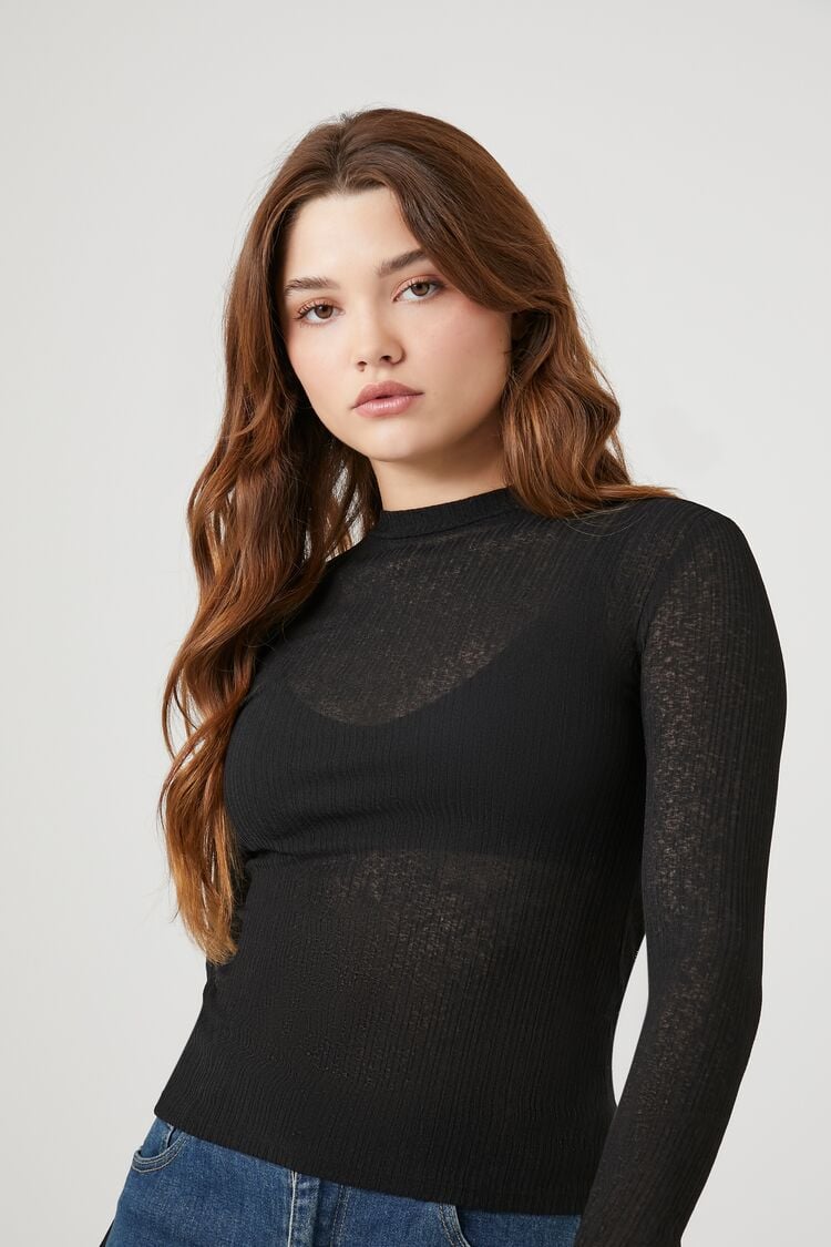 Forever 21 Women's Ribbed Mock Neck Top Black