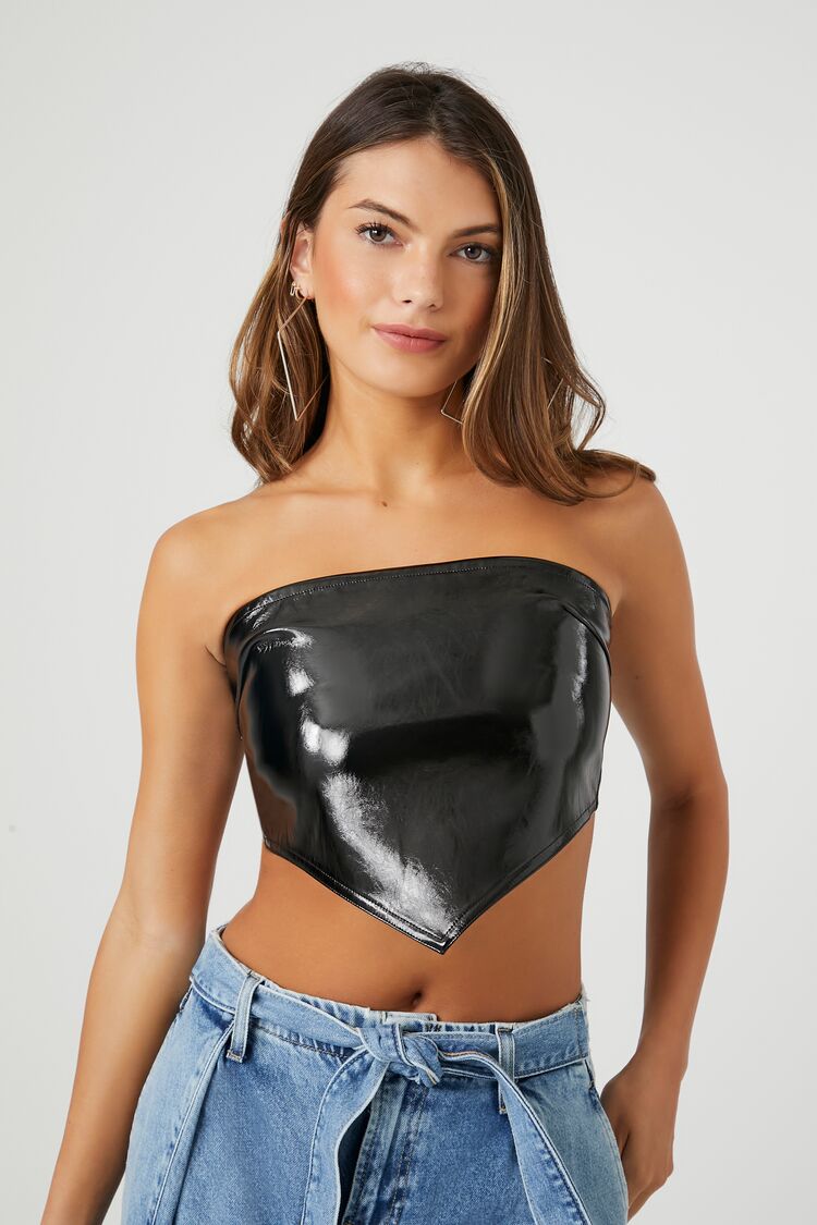 Forever 21 Women's Faux Leather/Pleather Handkerchief Tube Top Black