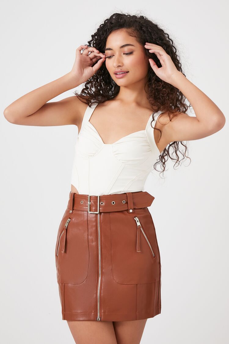 Forever 21 Women's Faux Leather/Pleather Mini Moto Skirt Brown