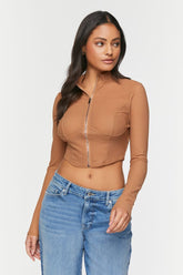 Forever 21 Women's Mesh Zip-Up Crop Top Cocoa