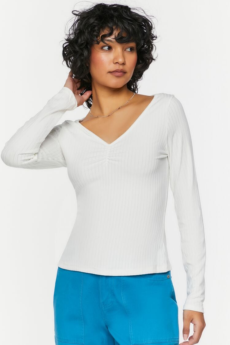 Forever 21 Women's Shirred Long-Sleeve V-Neck Top White