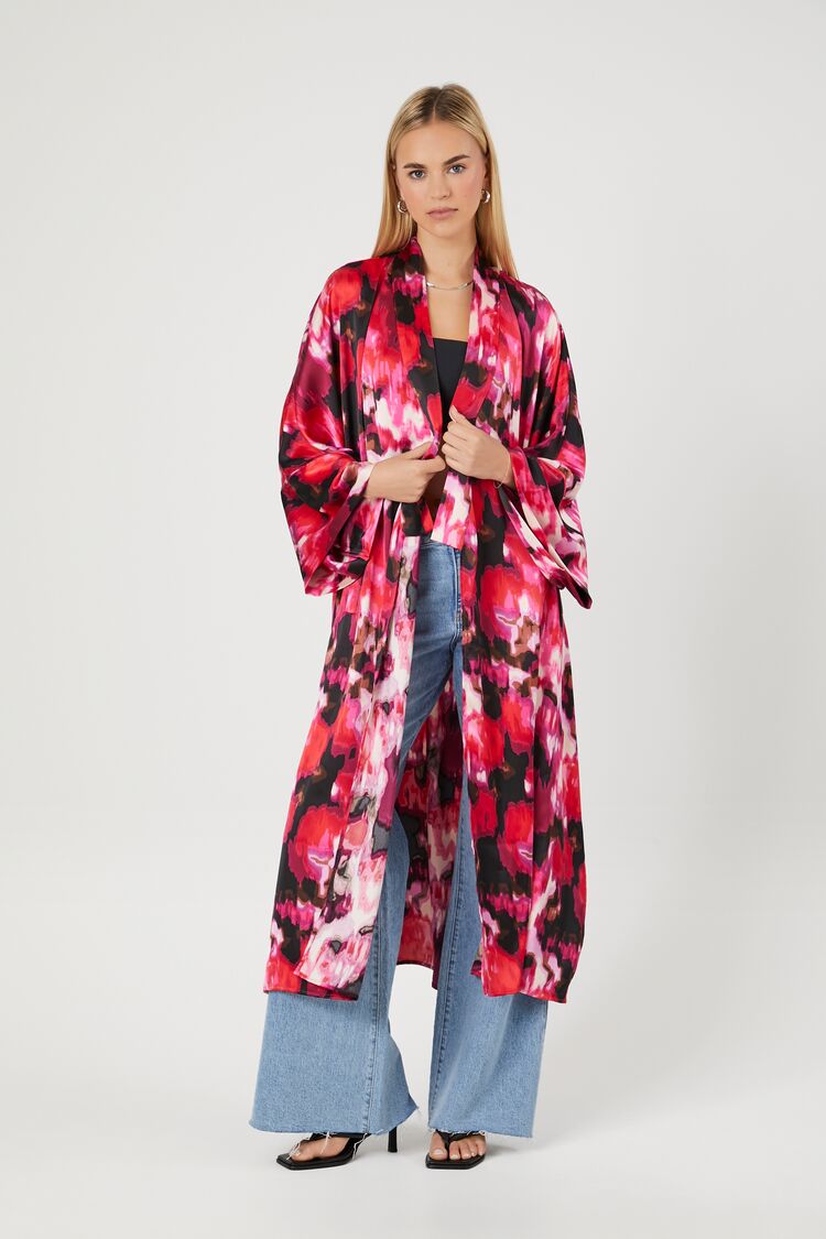 Forever 21 Women's Satin Abstract Print Kimono Red/Multi