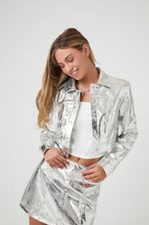 Forever 21 Women's Metallic Faux Leather/Pleather Trucker Jacket Silver