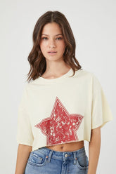 Forever 21 Women's Star Graphic Cropped T-Shirt Cream/Multi