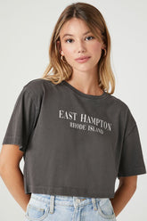 Forever 21 Women's East Hampton Graphic Cropped T-Shirt Charcoal/Multi