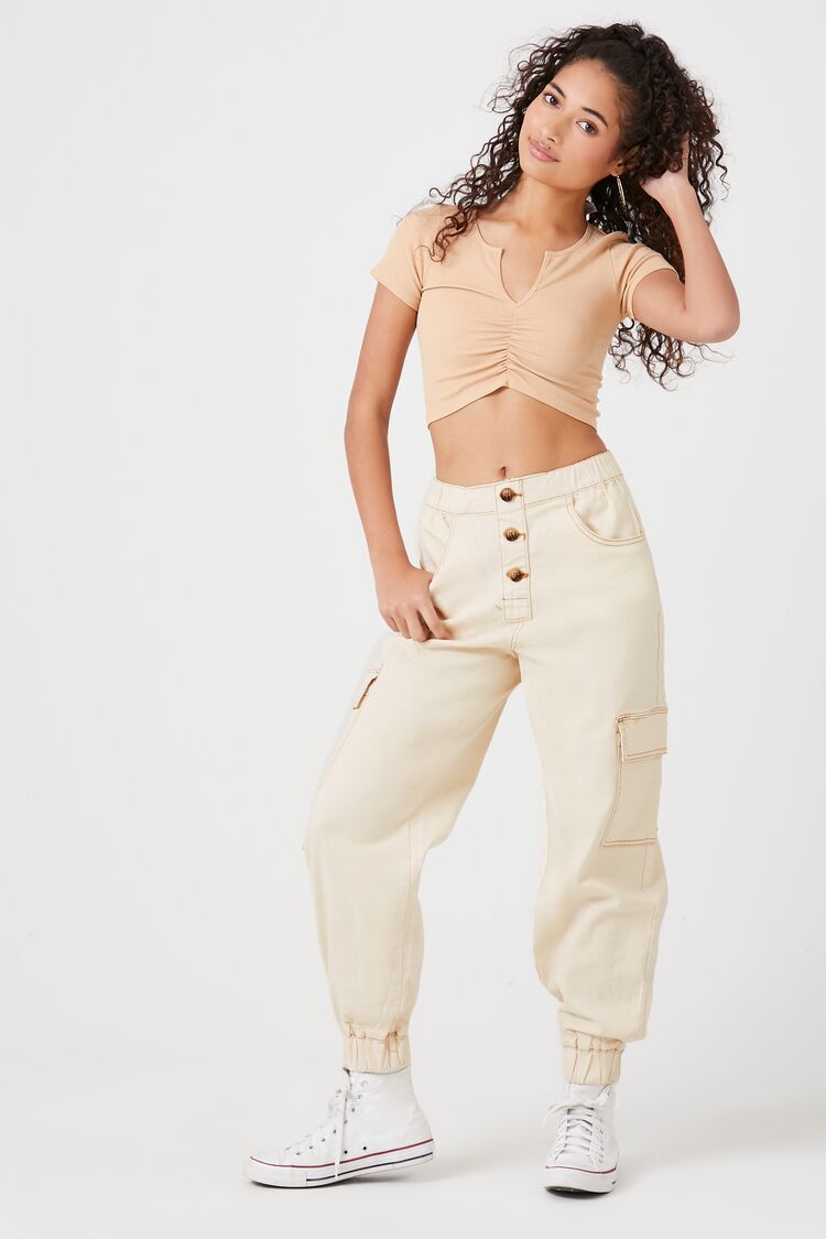 Forever 21 Women's High-Rise Cargo Joggers Ivory