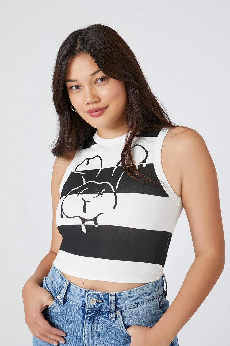 Forever 21 Women's Striped Bunny Graphic Tank Top Cream/Black