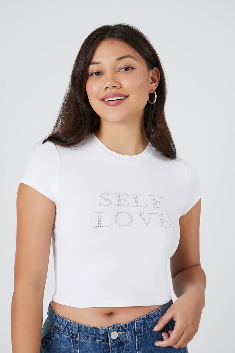 Forever 21 Women's Studded Self Love Graphic Cropped T-Shirt White/Multi