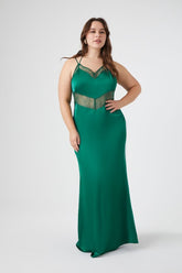 Forever 21 Plus Women's Lace-Trim Satin Maxi Long Spring/Summer Dress Hunter Green