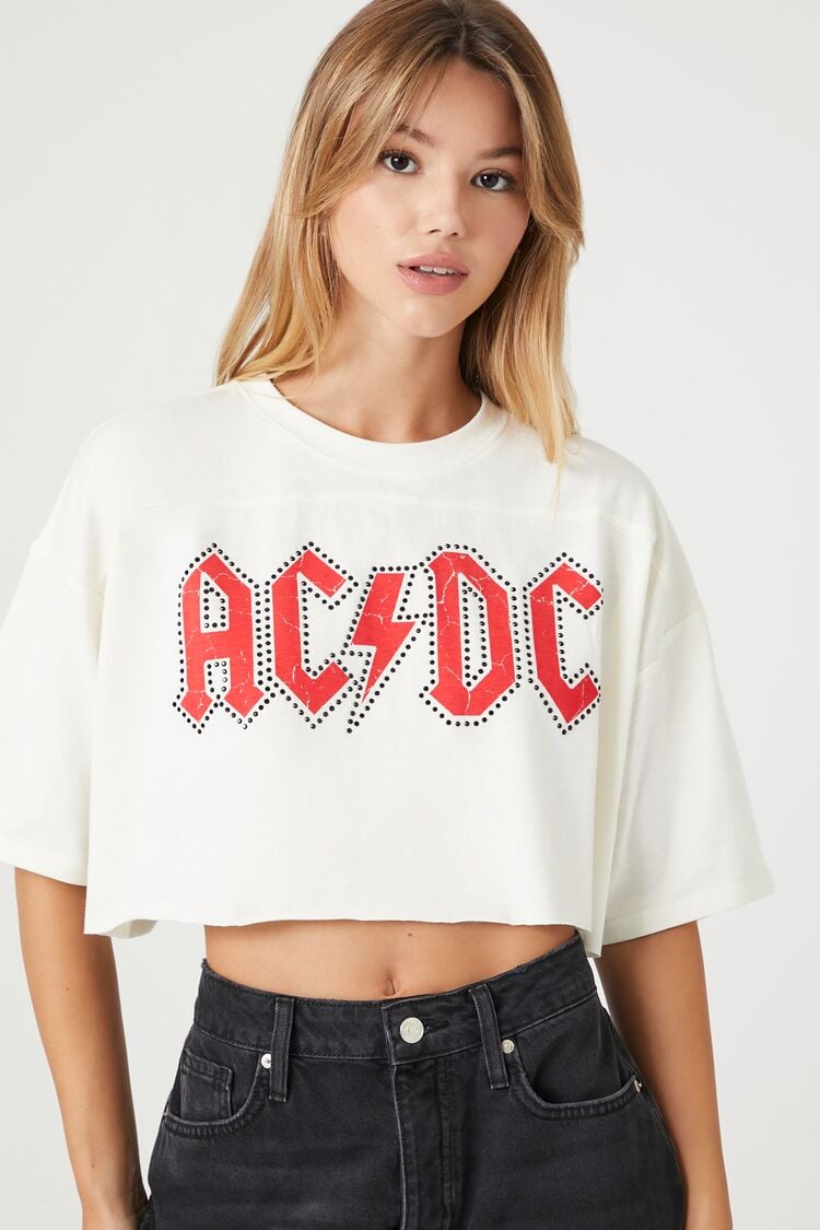 Forever 21 Women's ACDC Cropped Graphic T-Shirt Cream/Multi