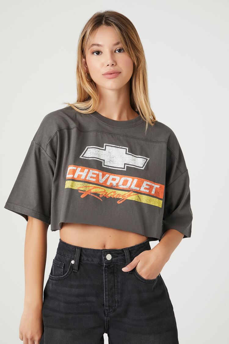 Forever 21 Women's Chevrolet Racing Cropped Graphic T-Shirt Charcoal/Multi