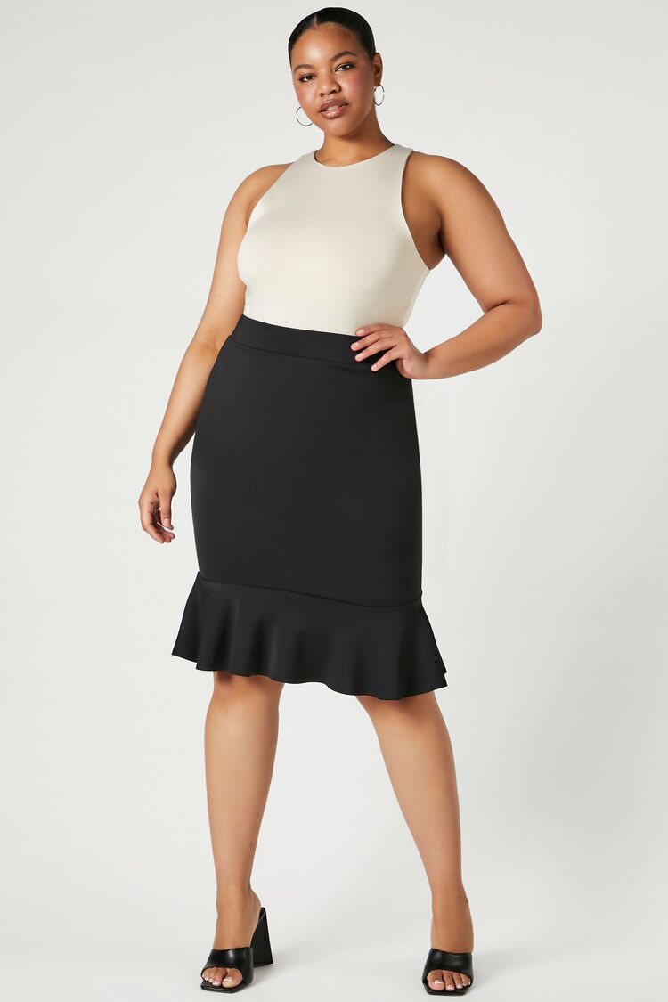 Forever 21 Plus Women's Flounce Pencil Skirt Black