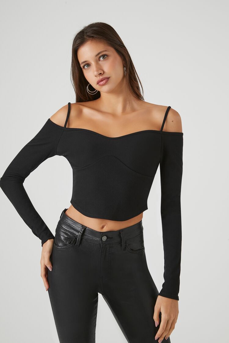 Forever 21 Women's Ribbed Open-Shoulder Crop Top Black