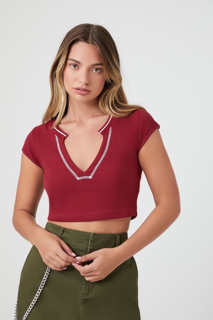 Forever 21 Women's Split-Neck Cropped T-Shirt Burgundy