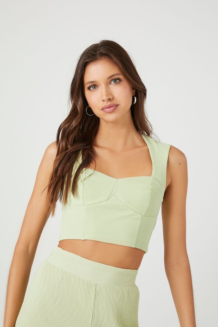 Forever 21 Women's Ribbed Knit Sweetheart Crop Top Pistachio