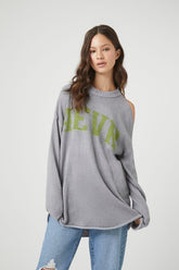 Forever 21 Knit Women's Open-Shoulder 4EVR Sweater Heather Grey/Multi