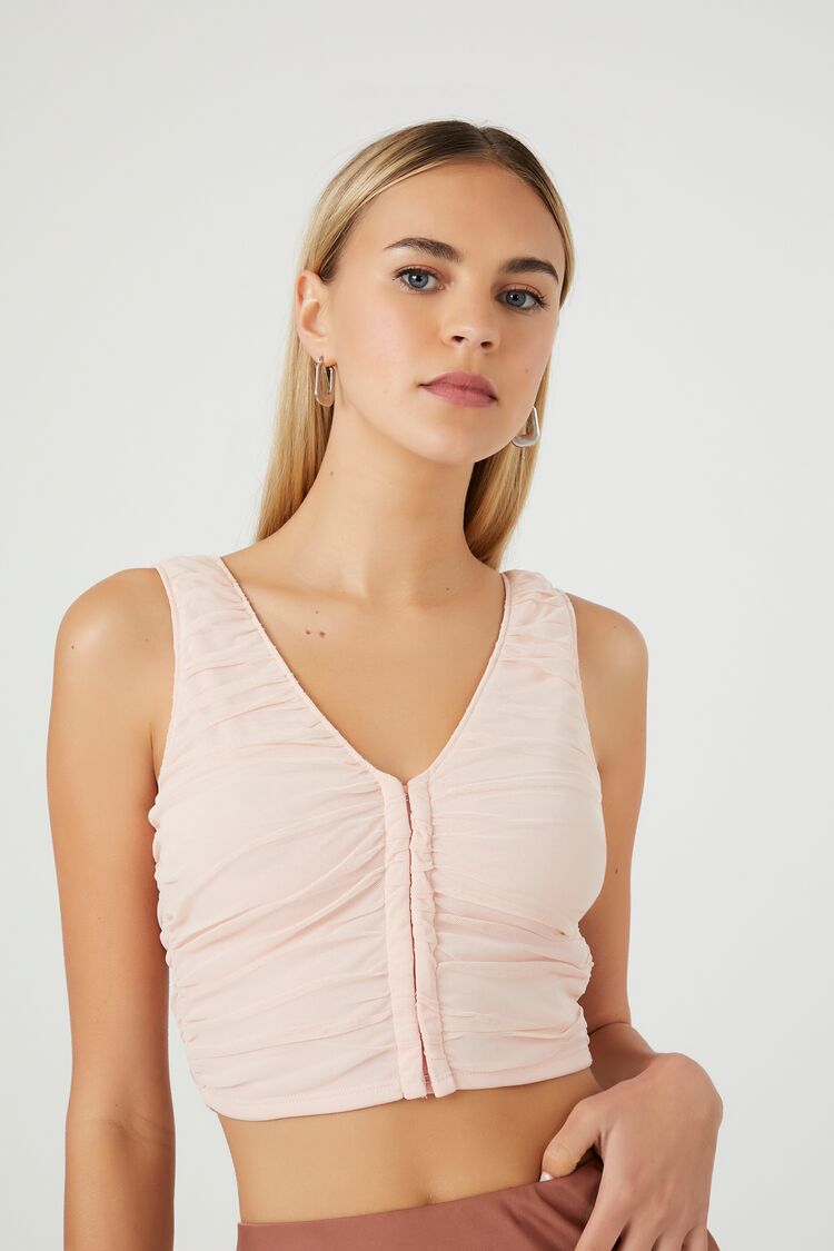 Forever 21 Women's Ruched Mesh Crop Top Pink